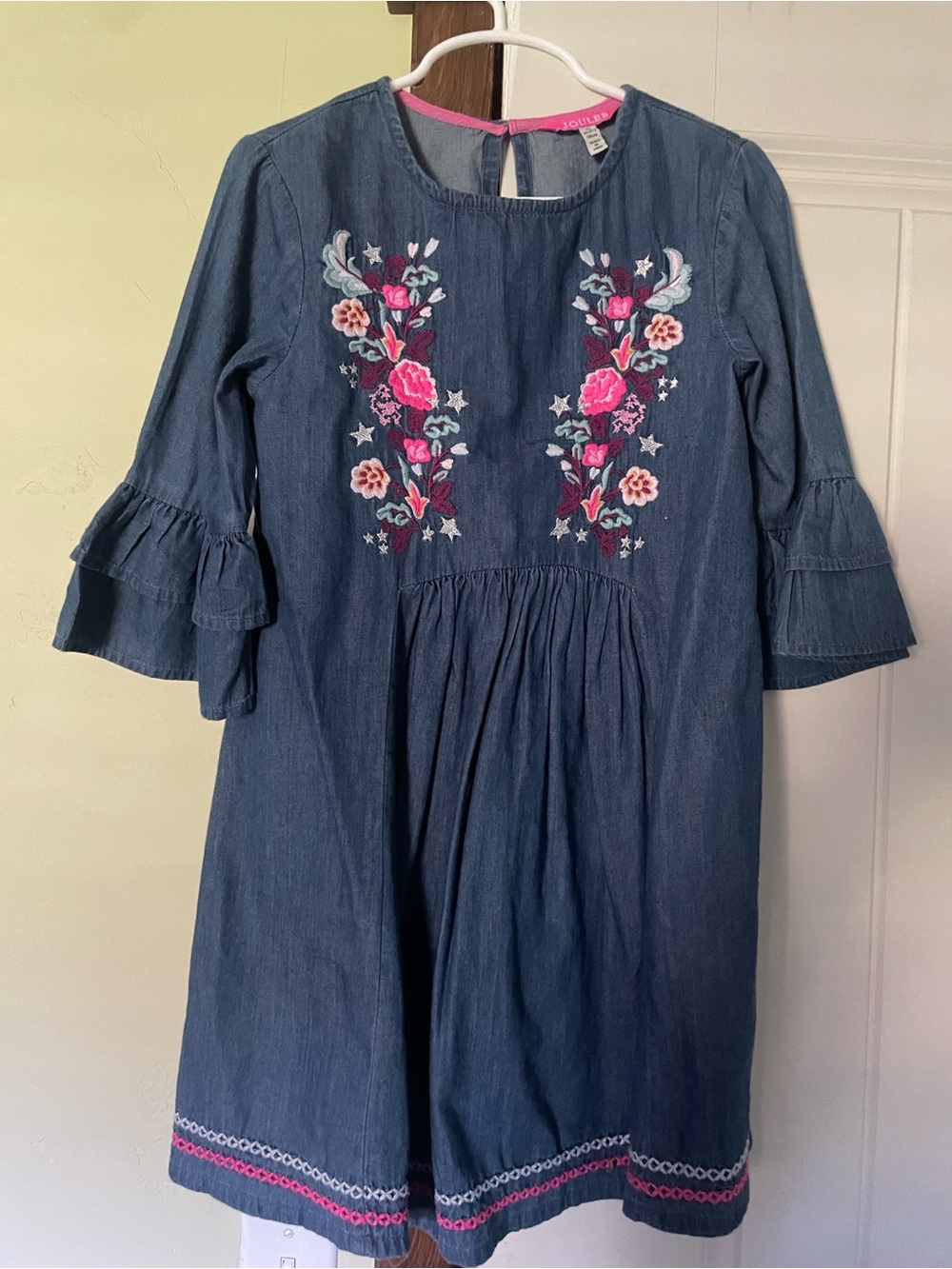 Joules Blue Denim-Look Dress with Pink Floral Embroidery